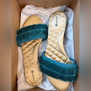 Birdies Gold Fringe Sparrow Slide Sandal in Azure - 8.5